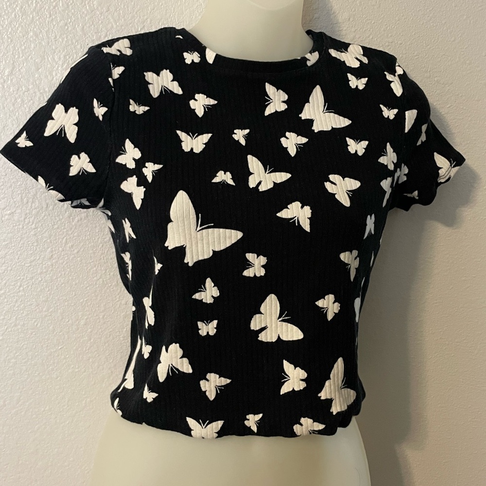 Wild Fable Black and White Butterfly Crop Top whimsigoth dark fairy romantic